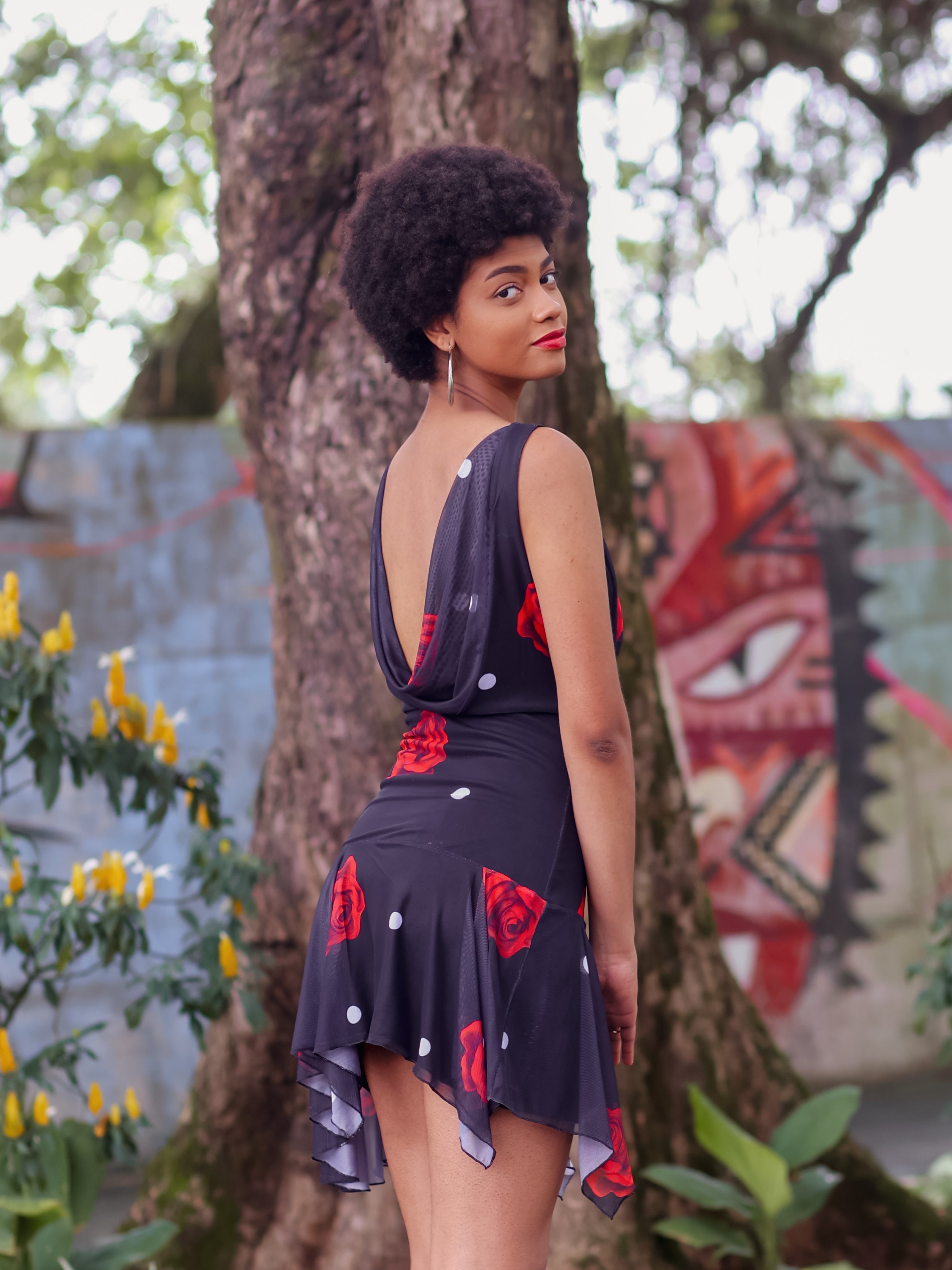 Vestido Decote Caído Poá Rose