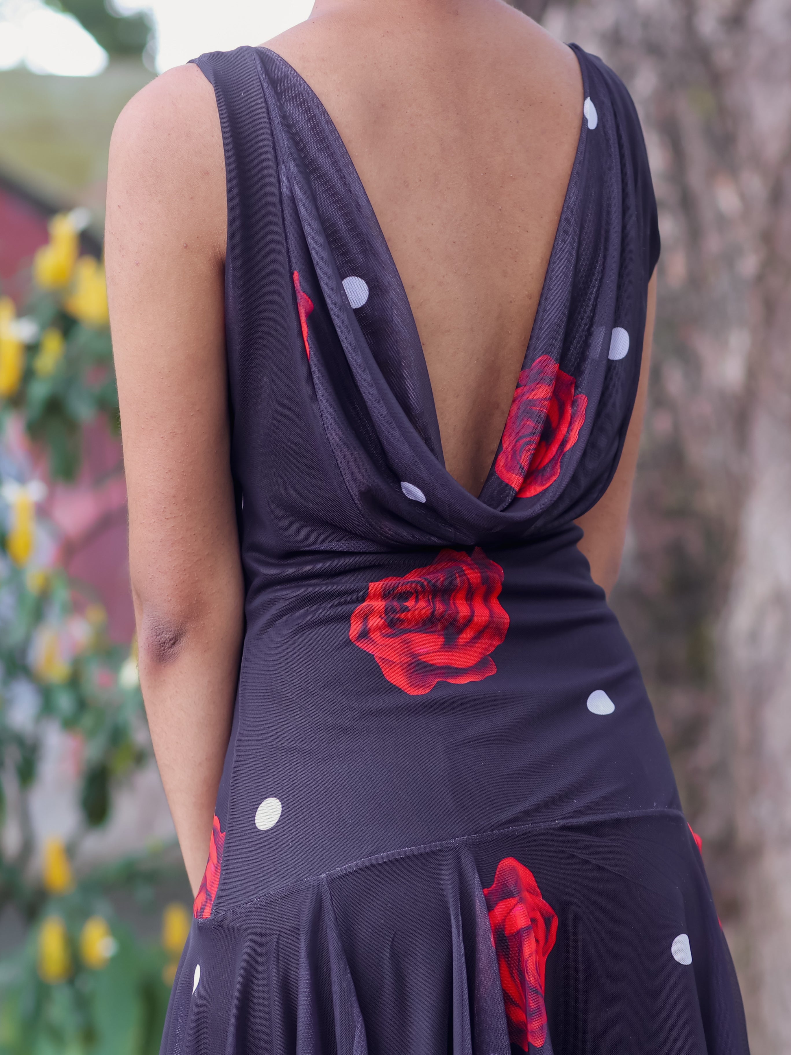 Vestido Decote Caído Poá Rose